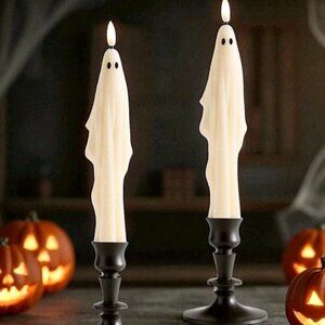 NEW Pottery Barn S/2 Flameless Ghost Taper Candles & Booker Candle Holders NIB